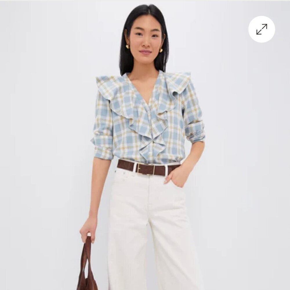 Tuckernuck Blue Plaid V Neck Ruffle Eileen Button Down Blouse Large